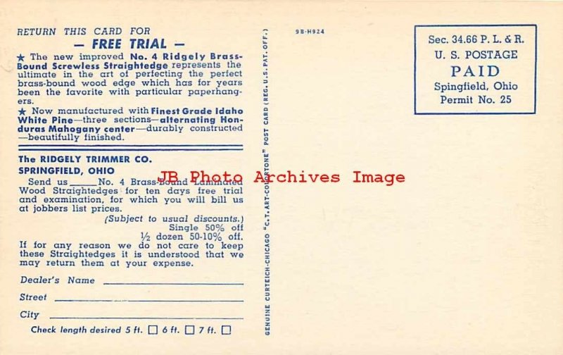 Advertising Linen Postcard, Ridgely Trimmer Company Straightedge, Springfield OH