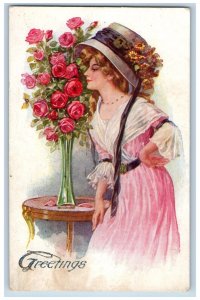 Greetings Postcard Pretty Woman Smelling Red Roses Flowers c1910's Antique