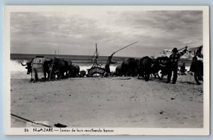 Oeste Portugal Postcard Teams of Oxen Hauling Boats Nazare c1930's RPPC Photo