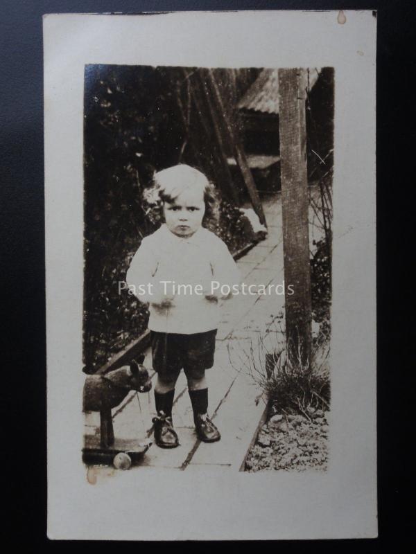 Studio Portrait LITTLE BOY WITH PULL ALONG TOY DOG ON WHEELS - Old RP Postcard