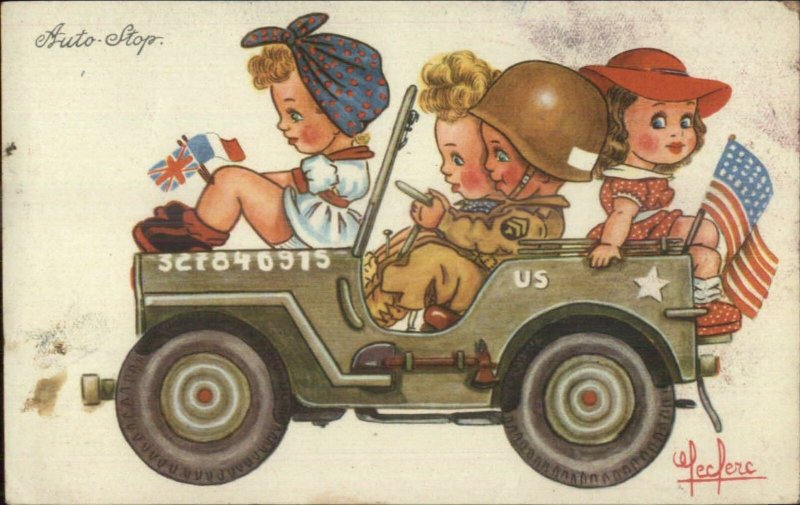 Cute Kids American Flag WWII Army Jeep LECLERC Postcard