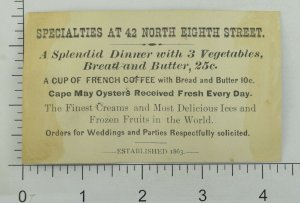 1870's-80's A. L. Rudolph's Dining Rooms Cape May Oysters French Coffee P98