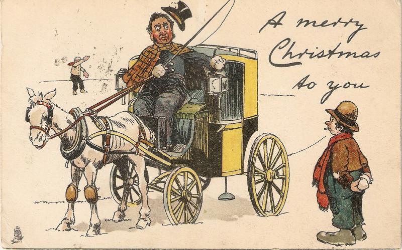 Man greeting Christmas to hrse carriage  Tucl Wite Away Christmas PC # 1795