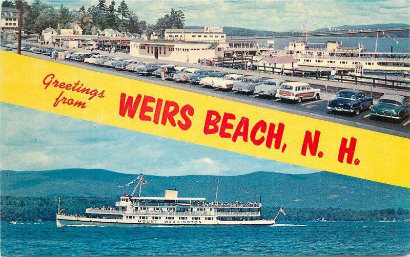 Auto Weirs Beach New Hampshire Mount Washington 1950s Woody Wagon Postcard 4721