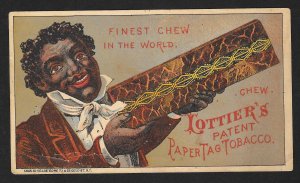 VICTORIAN TRADE CARD Lottiers Paper Tag Tobacco Black Man Holding Huge Chew