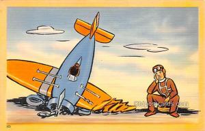 Military Comic Postcard, Old Vintage Antique Post Card Crashed Plane Unused
