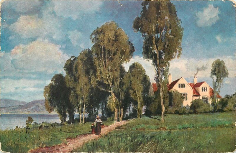 Postcard Artist signed art painting artistic mother child road water house smoke