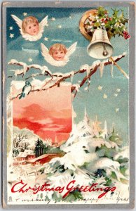 1908 Christmas Greetings Angels Bell Bird Winter Snow Landscape Posted Postcard