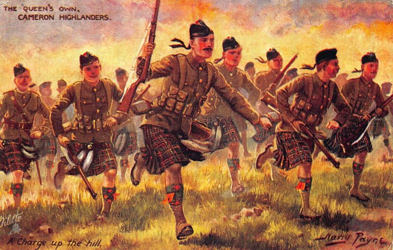 The Queen's Own Cameron Highlanders Charge Up The Hill Harry Payne Tuck Postcard