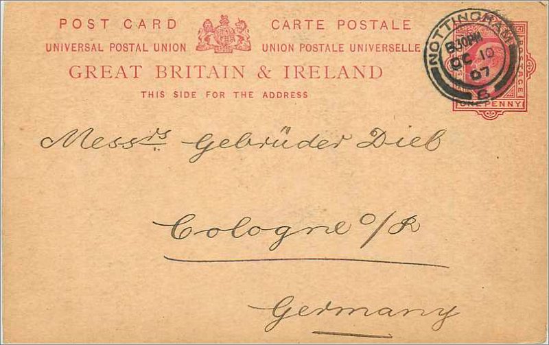 Entier Postal Stationery 1p Nottingham in 1907 for Cologne Koeln