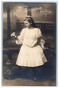 c1910's Birthday Little Girl Flowers Studio Portrait Latvia RPPC Photo Postcard