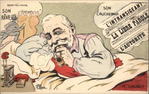 French Political Satire Comic M Loubet in Bed Smoking LYON c1910 Postcard
