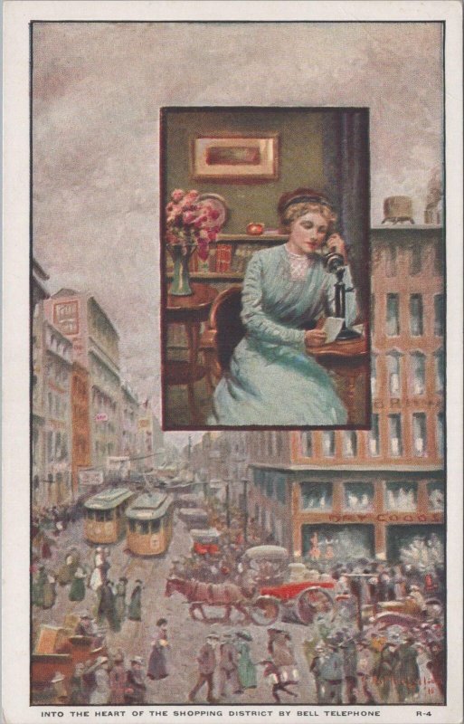 Advertising Postcard Into the Heart Shopping District Bell Telephone