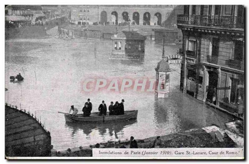 Old Postcard Paris Floods in January 1910 Flood of the Seine Saint Lazare sta...