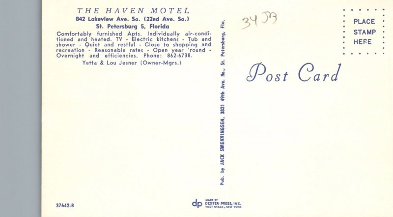 Vintage Postcard The Haven Motel Lakeview Avenue South St. Petersburg 5 Florida