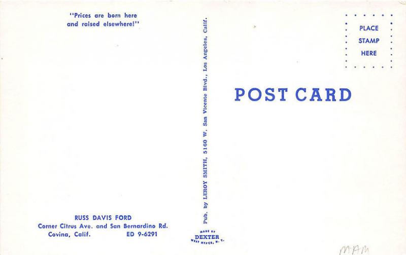 Covina CA Russ Davis Ford Auto Dealership Postcard