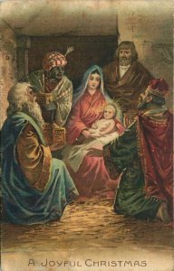 c1910 Joseph, Mary and Child & The Tree Wise Men A Joyful Christmas Vtg Postcard