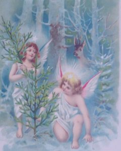 1900s Fantasy Angels Deer Forest Antique Vintage Christmas Postcard Germany