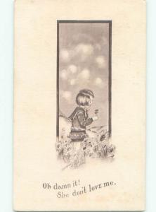 Pre-Linen Comic signed COBB SHINN - BOY PICKS AT FLOWER PETALS IN FIELD AB8926