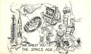 SPACE AGE Art Rockets Astronauts Drawing Artist-Signed c1960s Vintage Postcard