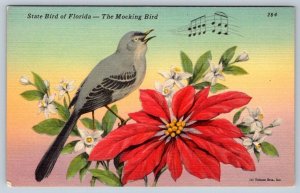 Mocking Bird, State Bird Of Florida, Vintage Linen Tichnor Postcard