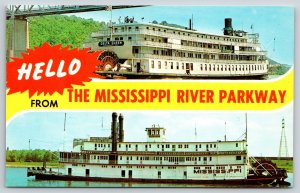 Hello From The Mississippi River Parkway~SS Delta Queen Ship~Vintage Postcard