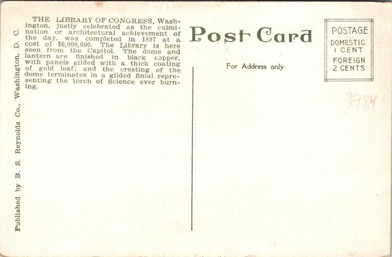 Library of Congress Washington DC Postcard unused 1915-30s (3984)