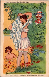 Risque Humor Postcard Peeping Tom Bathing Girls c1930s Tomahawk, Wisconsin JH11