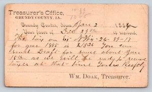 1885 Grundy County Iowa Treasurer Tax Notice US Postal Card Monticello