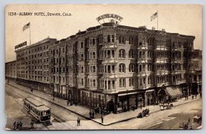 Denver Colorado~Albany Hotel St View~Sign~Trolley~Carriage~Flag~1913 Postcard