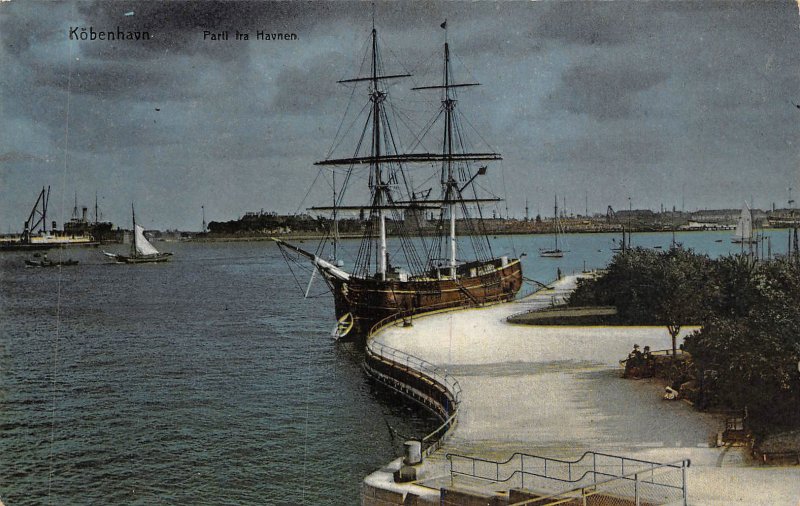 Sailing Ship Harbor View Waterfront Copenhagen Denmark 1910c postcard