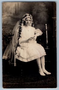 c1910's Girl Coronation With Bible Candle Light Studio RPPC Photo Postcard