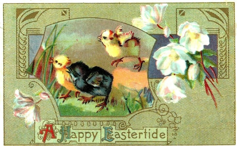 c1910 Embossed Happy Eastertide Postcard Chicks Art Nouveau Gilt Easter Vtg A195