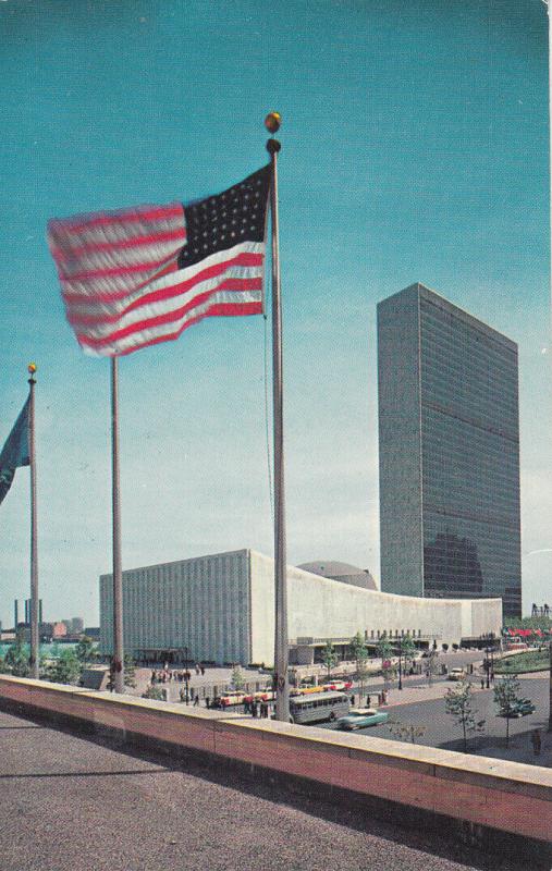 United States United Nations Buildings with american flag flyying New York 1959