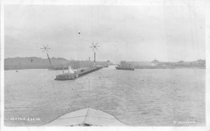 RPPC GATUN LOCKO PANAMA CANAL LOCKS SHIP VIEW REAL PHOTO POSTCARD (c. 1920)