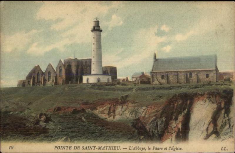 Pointe de Saint-Mathieu France Abby & Lighthouse c1910 Postcard