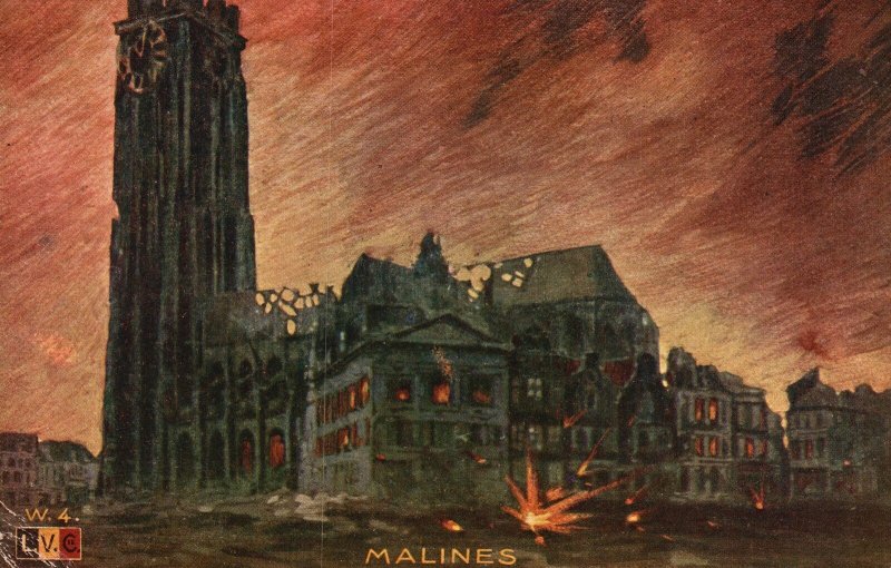 Vintage Postcard Malines Antwerp Belgium Burning Buildings L.V.C. 