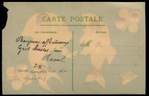 French plastic postcard. Applique fish and shamrocks