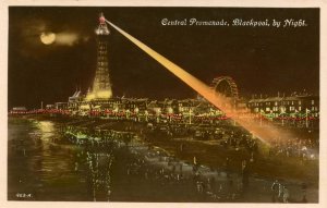 UK - England,  Blackpool.  Central Promenade at Night    RPPC