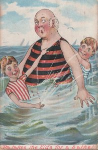 Pa Takes The Kids For A Bath Swim Antique Beach Comic Postcard