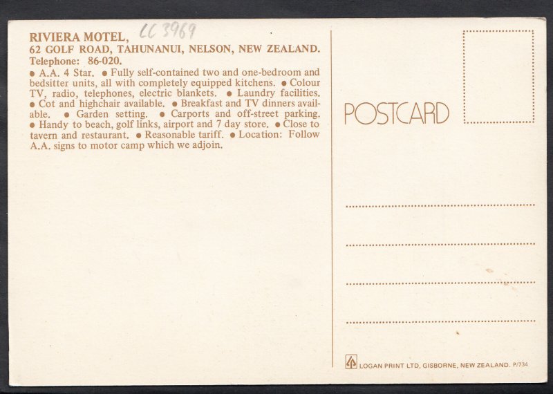 New Zealand Postcard - Riviera Motel, Golf Road, Tahunanui, Nelson  LC3969