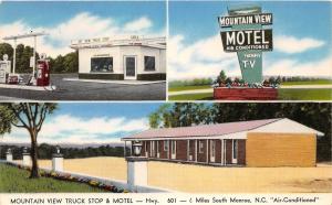 B55/ Monroe North Carolina Postcard 3View Gas Station Mountain View Truck Stop