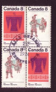 Canada, Used Block of Four, Indian Series, 8 Cent, Scott #568-69, Nice Cancel