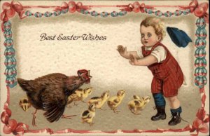 Easter Mother Hen Squawks at Toddler Baby Boy c1910 Vintage Postcard