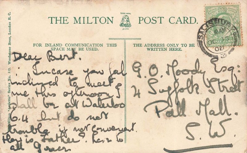 Salisbury Cathedral from Meadow UK Postcard 1908 Postmark Milton Series