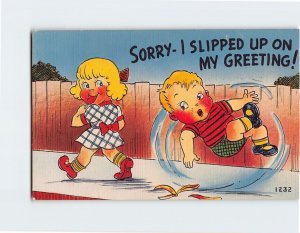 Postcard Sorry- I Slipped Up On My Greeting! with Children Comic Art Print