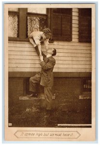 c1910's Couple Romance It Comes High But We Most Have It Antique Postcard