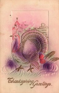 Vintage Postcard Colored Turkey Embossed Thanksgiving Greetings Holiday Pumpkin