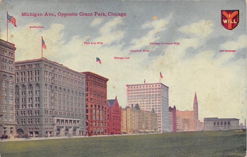 Chicago Illinois~Michigan Avenue-Fine Arts-Club-Hotel-Railway Exchange-1913 Pc