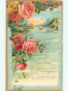 Pre-Linen art nouveau FISHING AT SUNRISE ON LAKE WITH SWANS BIRDS W7184